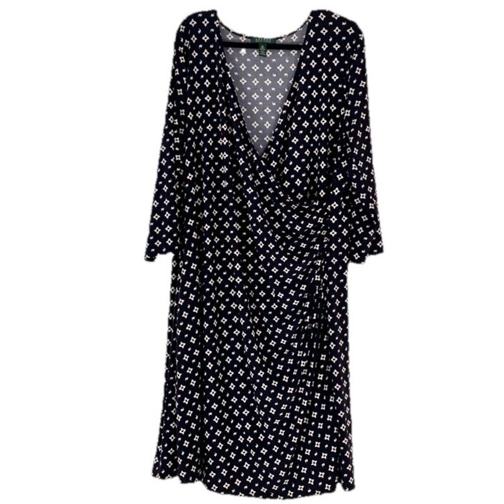 NWT Ralph Lauren LRL Womens Shift Faux Wrap Ruched Navy Blue & White Dress 3X